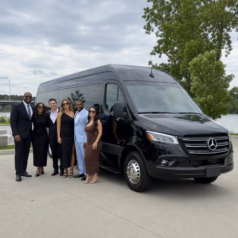 Group beside a Mercedes Sprinter limo from the Indianapolis fleet