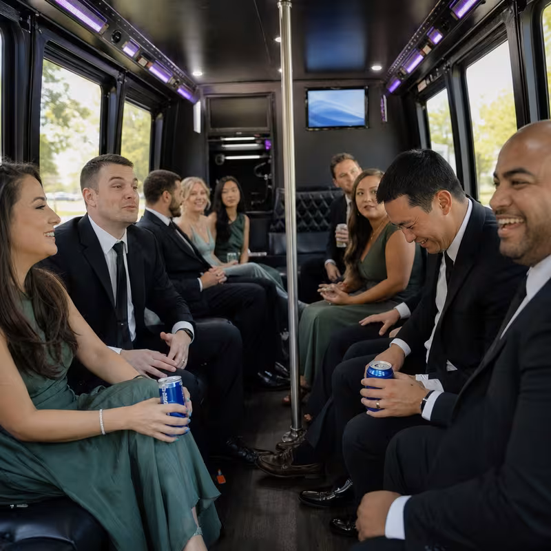 Wedding guests seated inside a Indianapolis party bus