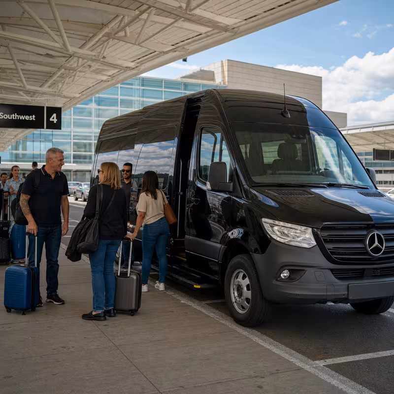 Group boarding a white charter bus for Airport Transportation transportation in Indianapolis
