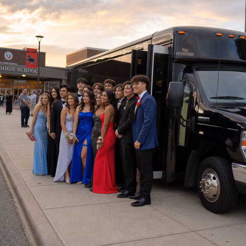 Group boarding a white charter bus for Prom & Homecoming Transportation transportation in Indianapolis