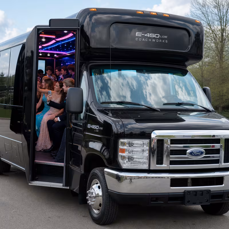 Black Mercedes Sprinter van staged for an Indianapolis Prom & Homecoming Transportation group
