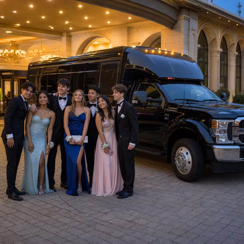 Party bus interior with wraparound leather seating and LED lighting in Indianapolis