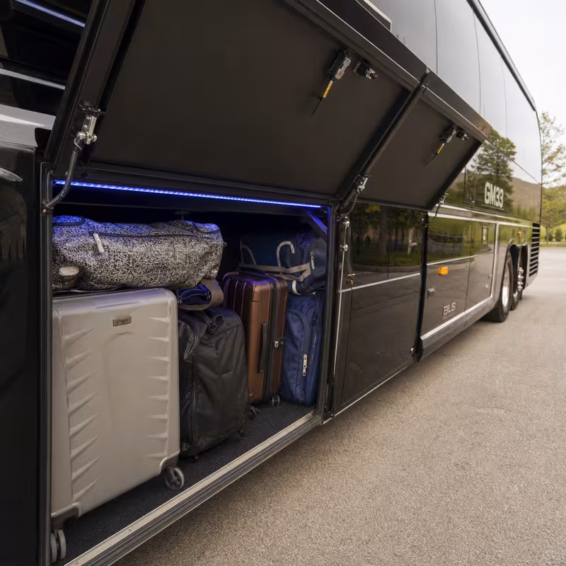 Party bus interior with wraparound leather seating and LED lighting in Indianapolis